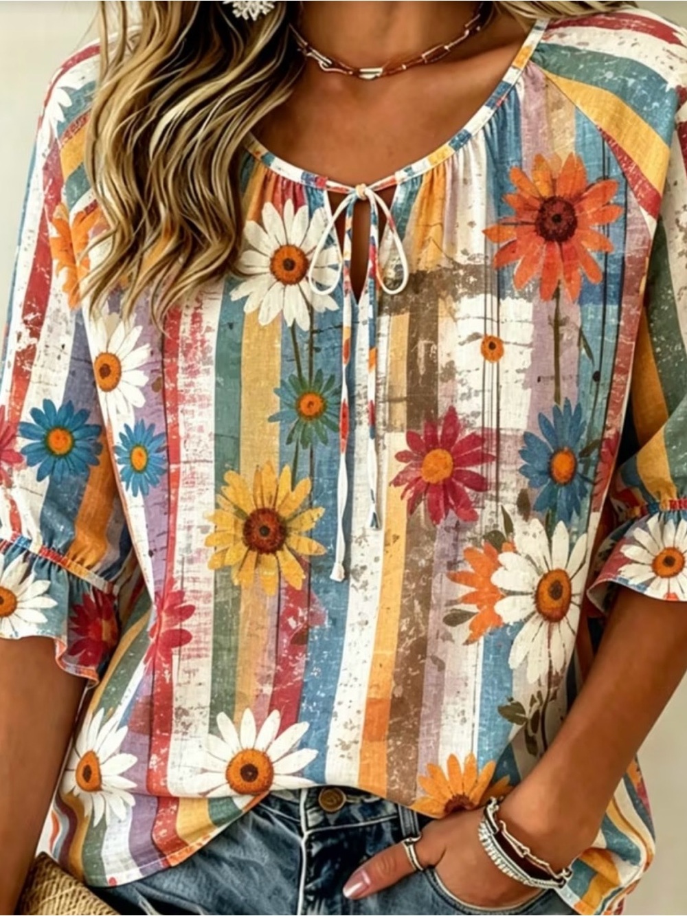 Tie-Front Floral Stripe Women’s Blouse - Multicolor